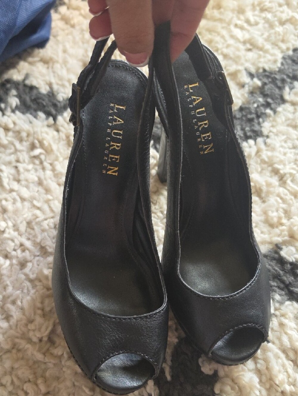 Lauren Ralph Lauren Black Leather Peep-Toe Slingback Heels - Picture 7 of 8
